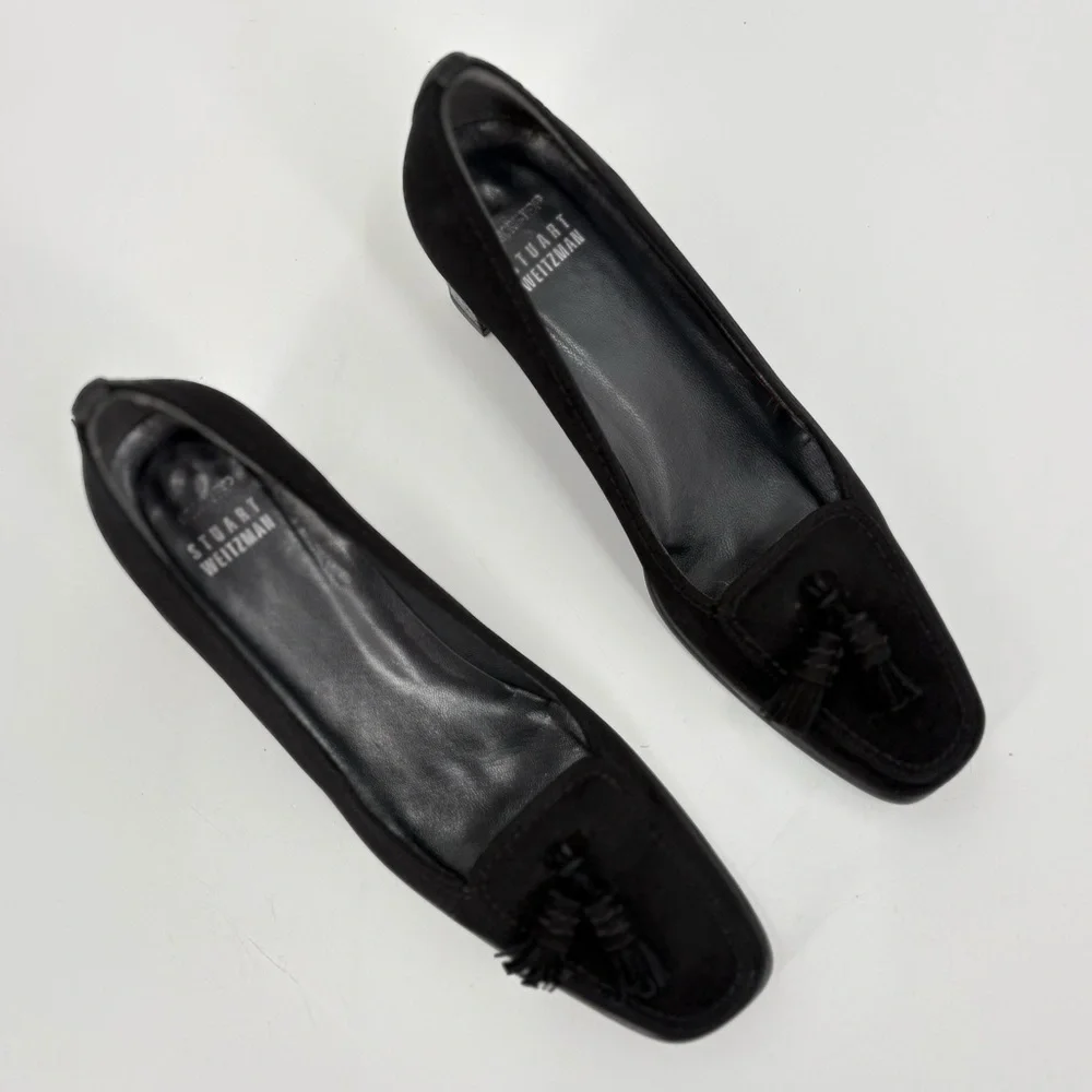 Stuart Weitzman Sude Leather Square‎ Toe Tassel Pumps Black 8N